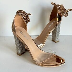 LALA IKAI Women's Gold High-Heeled Sandals Rhinestone-Embellished Size 7.5